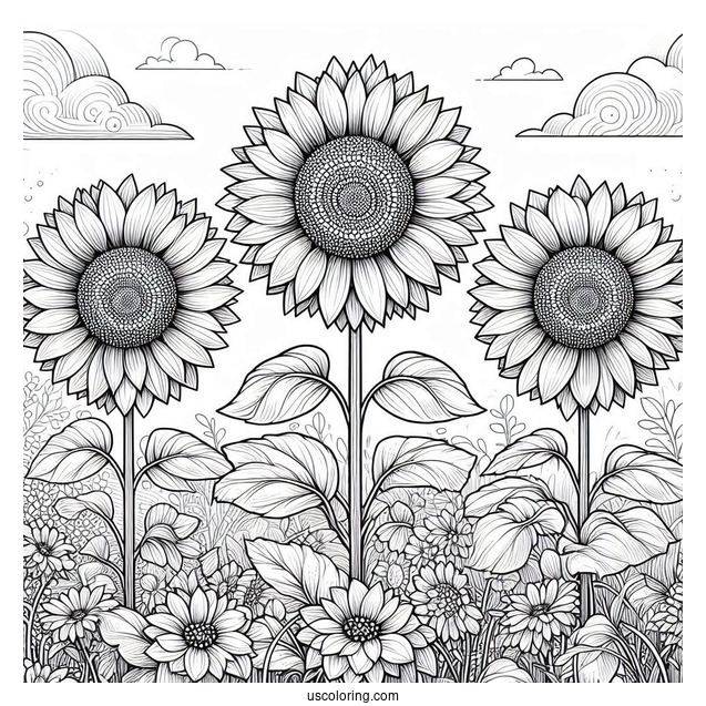 Three Sunflowers In Field Coloring