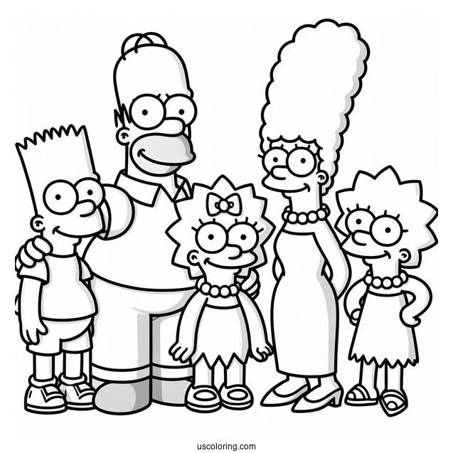 Marge, Homer, Bart, Lisa, And Maggie To Color