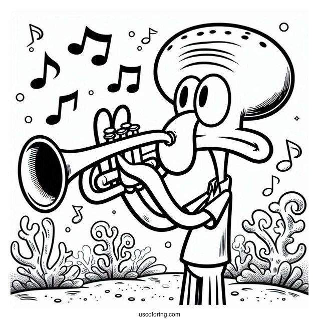 Squidward Coloring Page Playing Trumpet