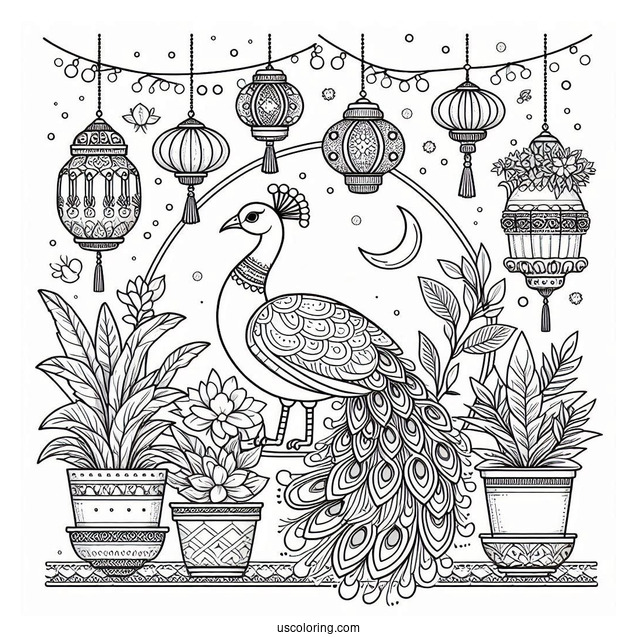 Elegant Peacock Coloring Page Among Hanging Lanterns And Potted Plants