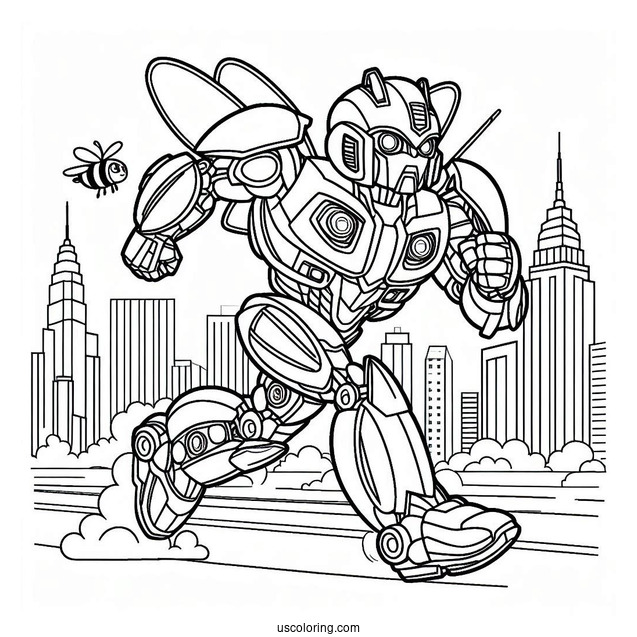 Autobot Bumblebee Coloring Page Running In The City