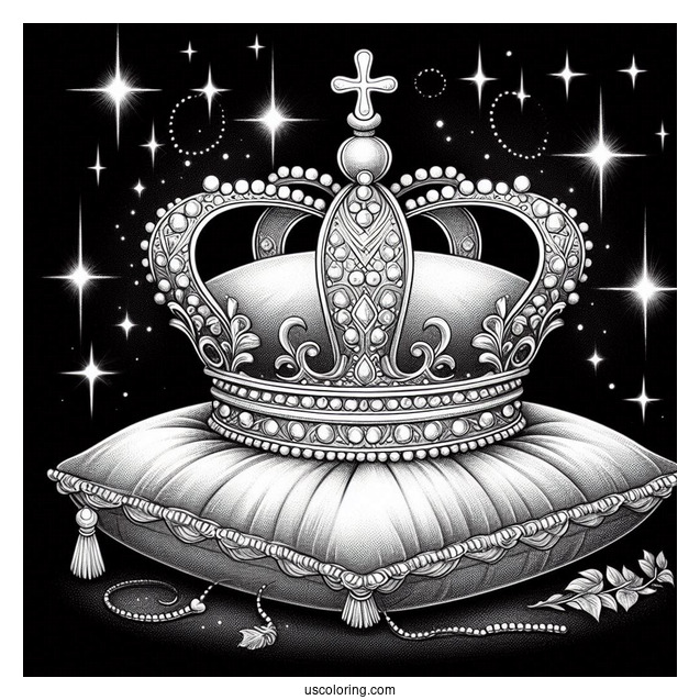 Sparkling Royal Crown Coloring Page on Velvet Pillow