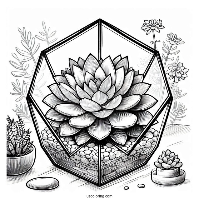 Succulent Coloring Page In Geometric Glass Terrarium