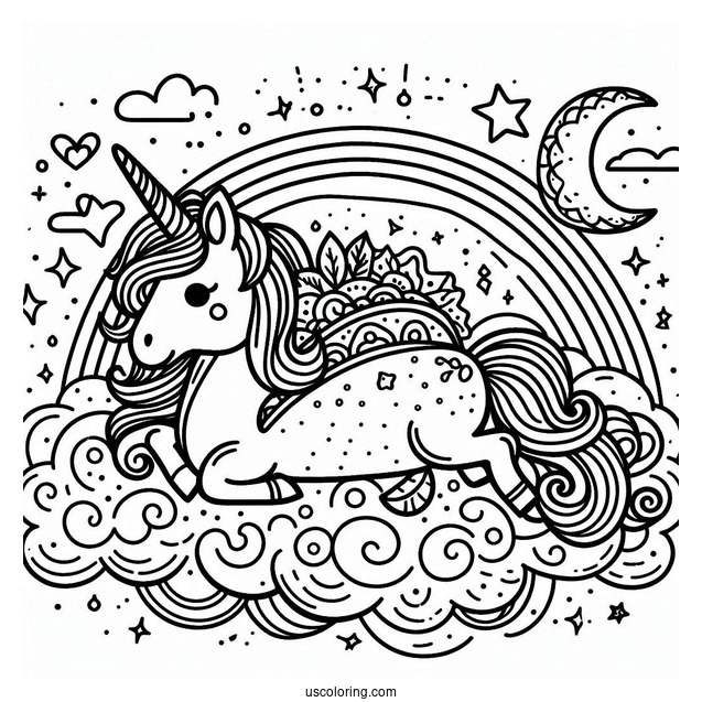 Unicorn Taco On The Cloud Coloring Page For Kids