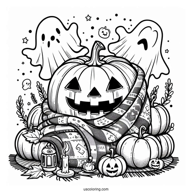 Pumpkin Coloring Page Of Blanket Ghosts Hovering Above Jack O Lanterns For Kids