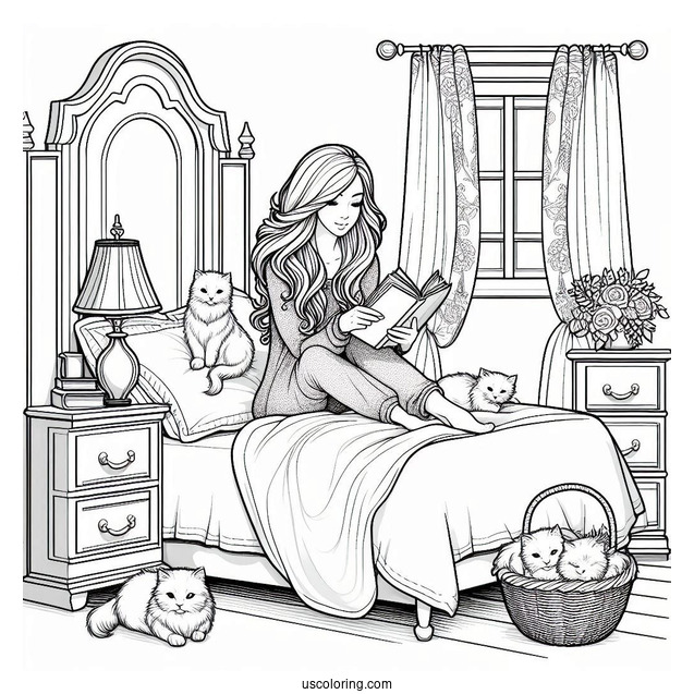 Bedroom Coloring Page Realistic Woman Reading On Her Bed With Cats
