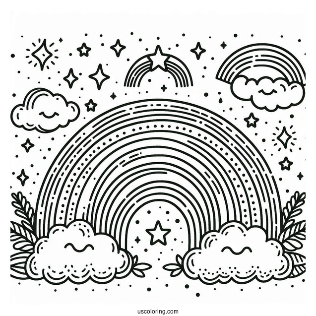 Coloring Page Of a Rainbow With Clouds And Stars