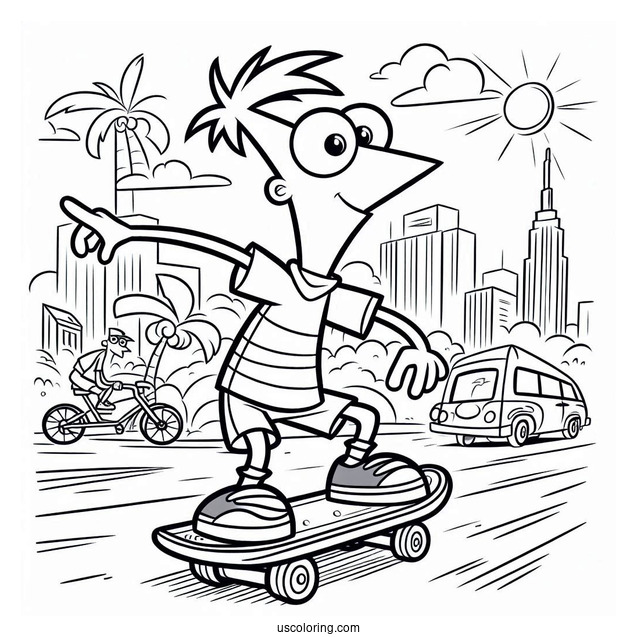 Phineas And Ferb Coloring Page Skateboarding