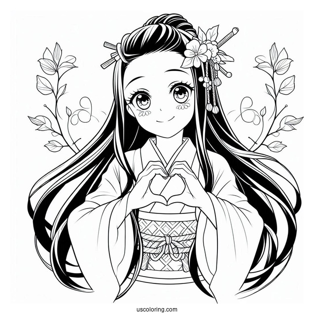 Nezuko Coloring Page Kamado Forming Heart With Her Hands