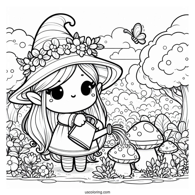 Chibi Coloring Page Gnome in a Fantasy Mushroom Forest Watering Flowers For Kids