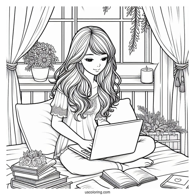 Woman Reading On A Window Bay With Laptops And Books Bedroom Coloring Page
