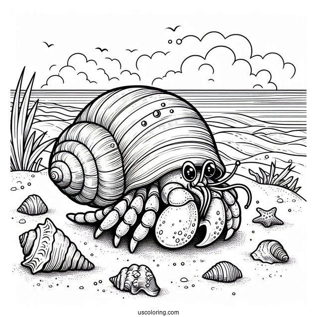 Realistic Hermit Crab Coloring Page On The Beach