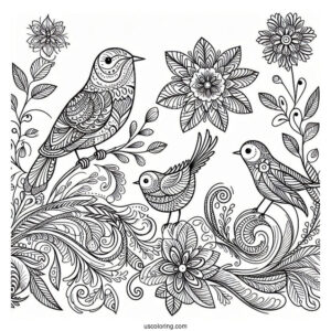 Majestic Nature With Birds Pattern Coloring Page
