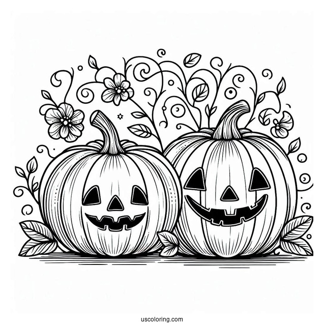 Pumpkin Coloring Page Two Jack O Lantern With Vines