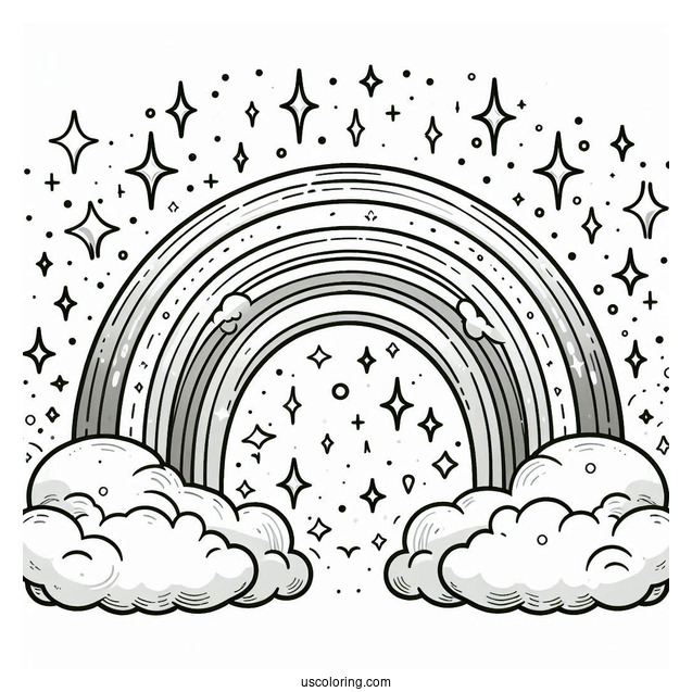 Sparkling Rainbow In Cloudy Sky Coloring Sheet