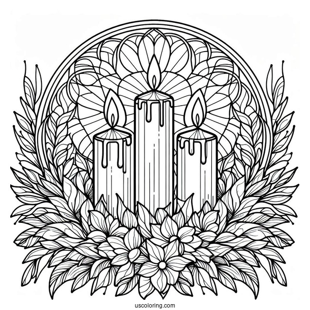 Four Candles Surrounded By Flowers Stained Glass Coloring Page