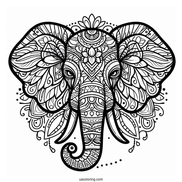 Detailed Mandala Elephant To Color With Tusks