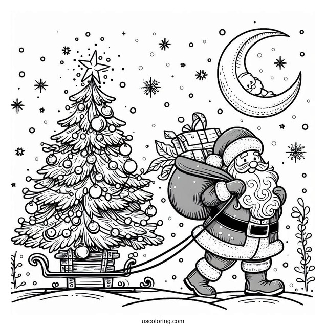 Santa Claus Hauling a Christmas Tree In The Snow