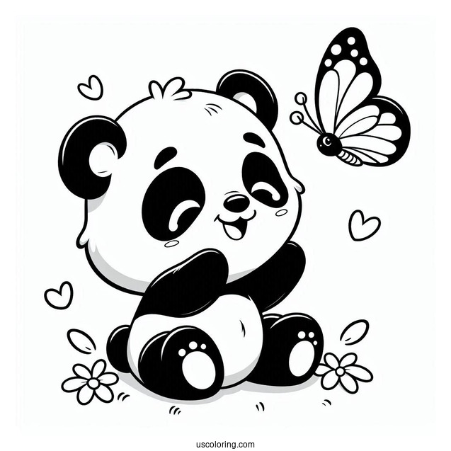 Baby Panda Coloring Page Smiling at a Butterfly