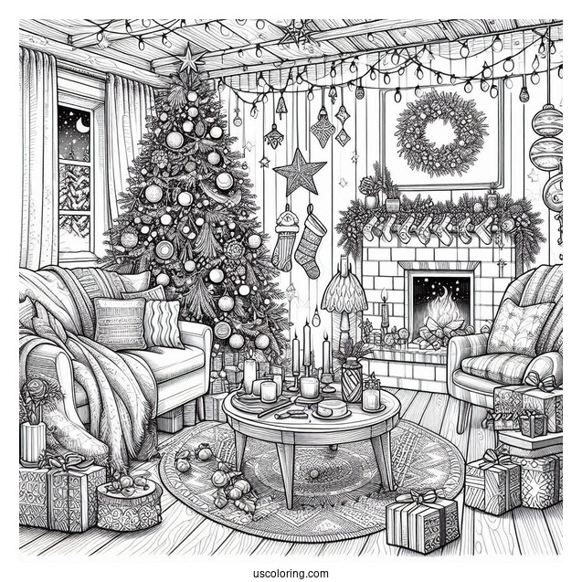 Christmas Coloring Pages For Adults Of Detailed Cozy Christmas Living Room