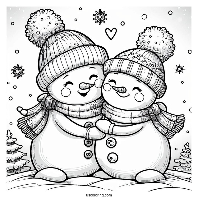 Two Cute Snowmen Hudgging Coloring Sheet