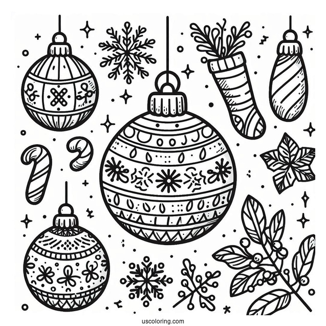 Cute Christmas Ornaments Coloring Page With Snowflakes