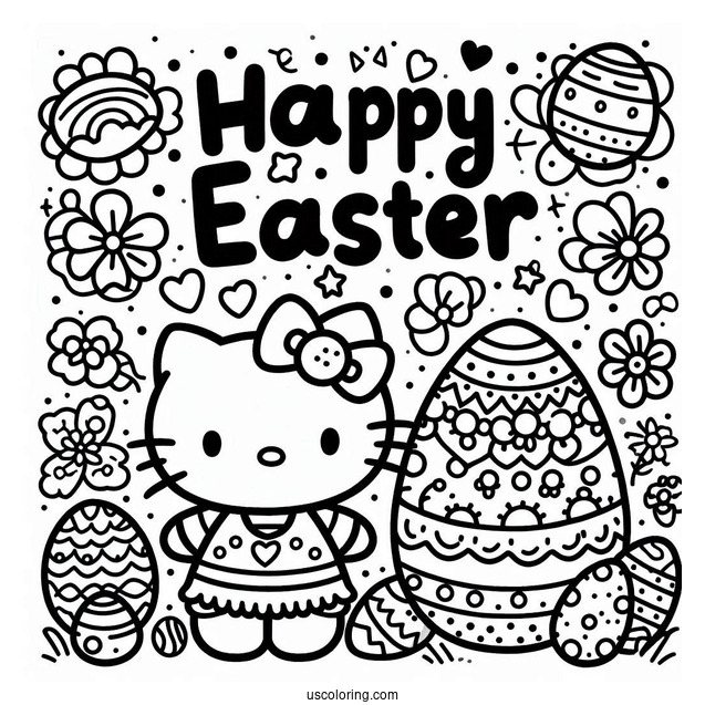 Happy Easter Word Over Hello Kitty And Easter Coloring Page Of Egg For Preschoolers