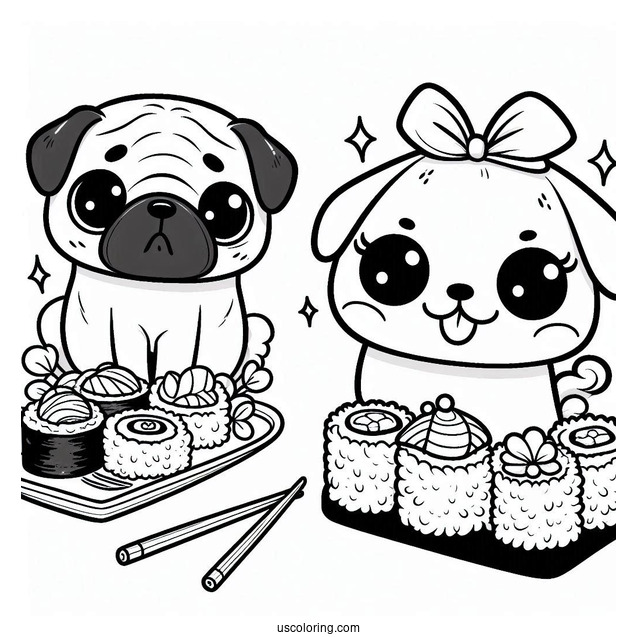 Kawaii Pug Coloring Page and Sushi Platter