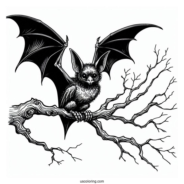 Scary Bat Coloring Page Roosting On Tree Branch