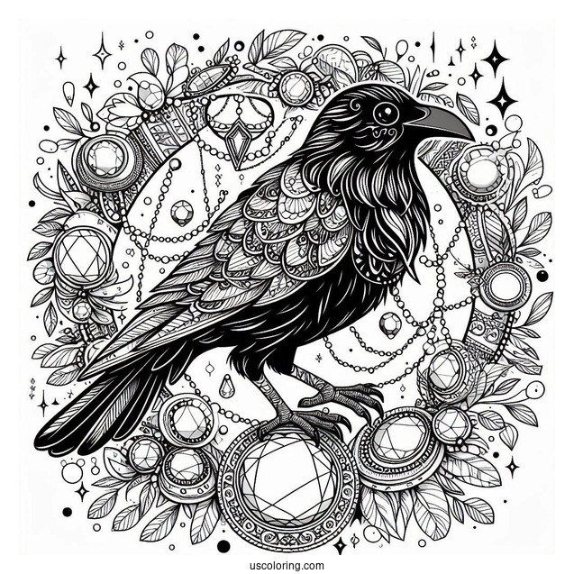 Raven Coloring Page Surrounded By Shiny Jewelry