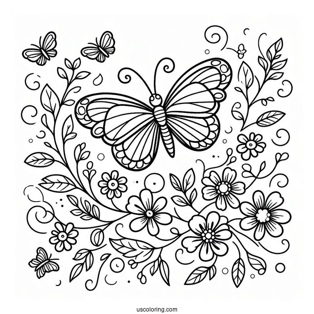 Beautiful Butterfly Coloring Page On A Vine Of Flowers