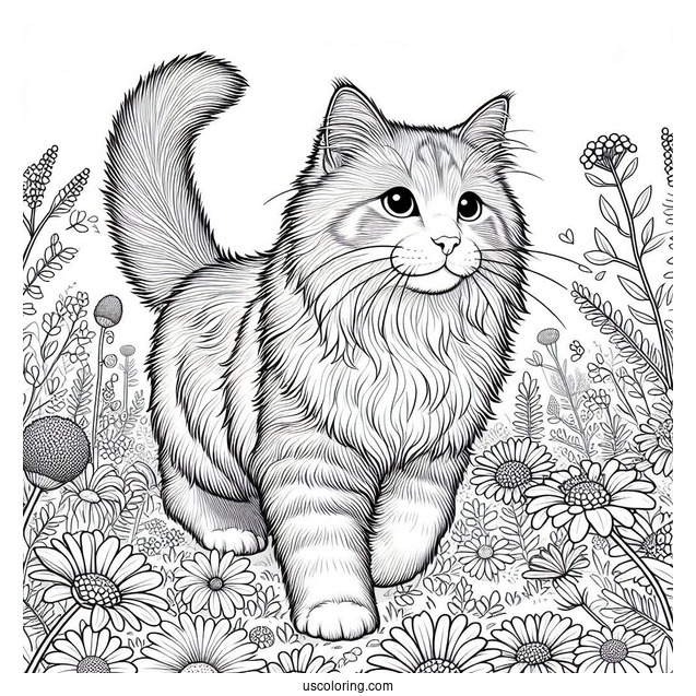 Siberian Cat Walking On Flower Field Coloring In