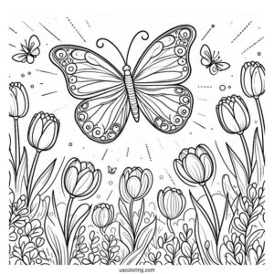 Butterfly Flying Over Field Of Tulips