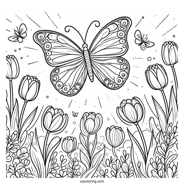 Butterfly Flying Over Field Of Tulips