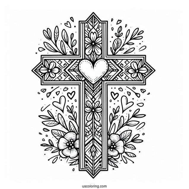 Cross Coloring Page With Love Hearts And Floral Details