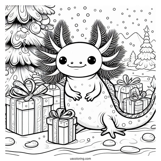 Axolotl Coloring Page Standing In The Middle Of Christmas Presents