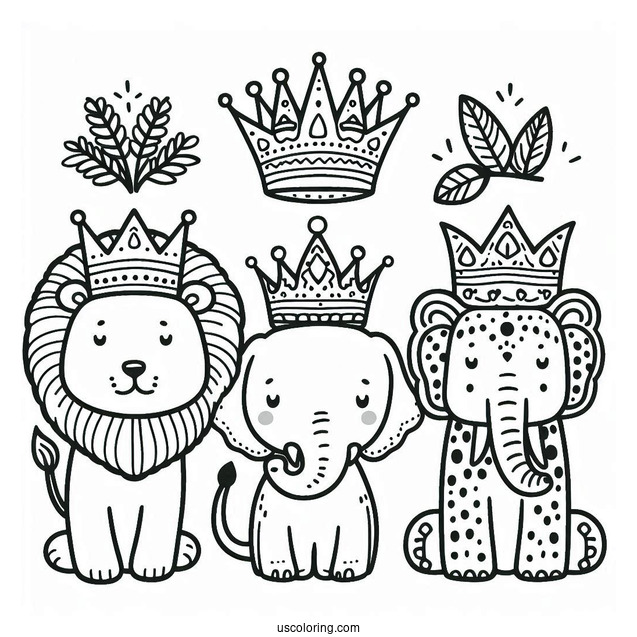 Jungle Animal Crown Coloring Page with Lion, Elephant, and Leopard For Preschoolers