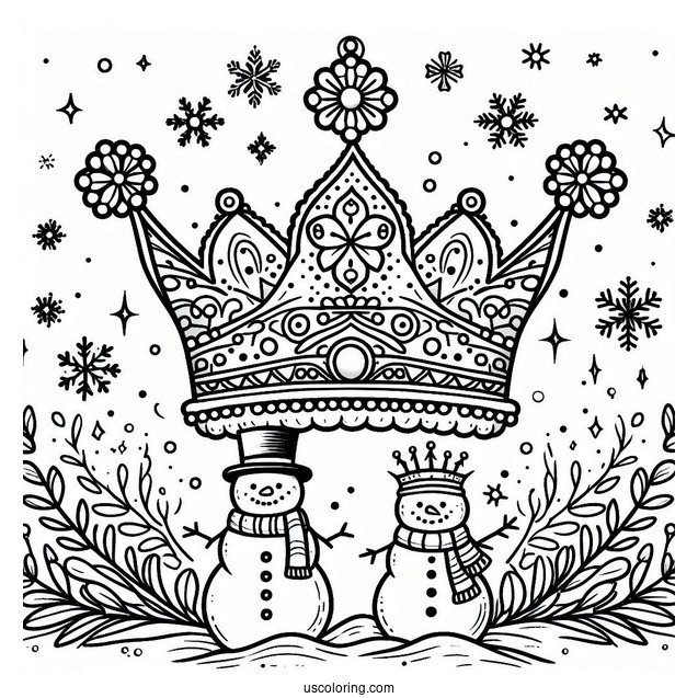 Winter Crown Coloring Page with Snowflakes and Snowmen