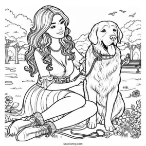 Woman Playing With Large Dog In Park Coloring Sheet