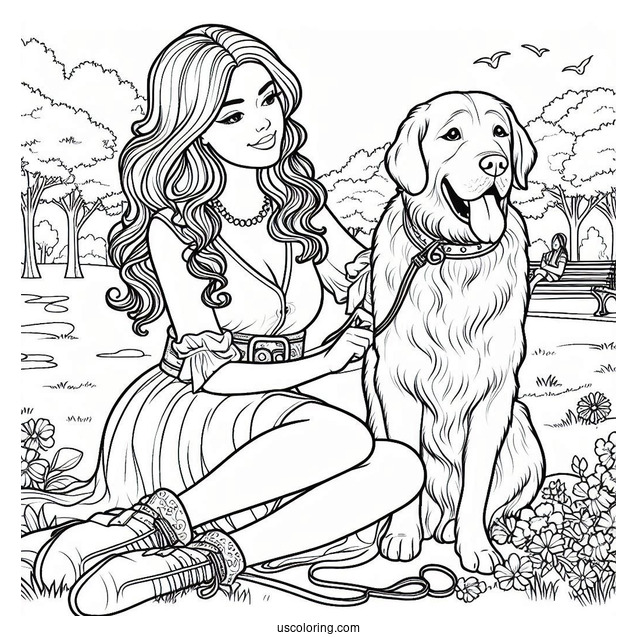 Woman Playing With Large Dog In Park Coloring Sheet