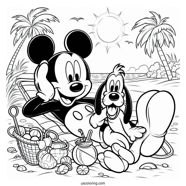 Mickey Mouse And Pluto Lounging At The Beach Coloring Page