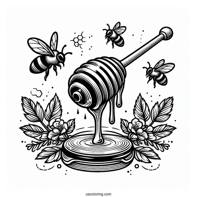 Honey Dipper Dripping With Honey And Surrounded By Bee Coloring Page