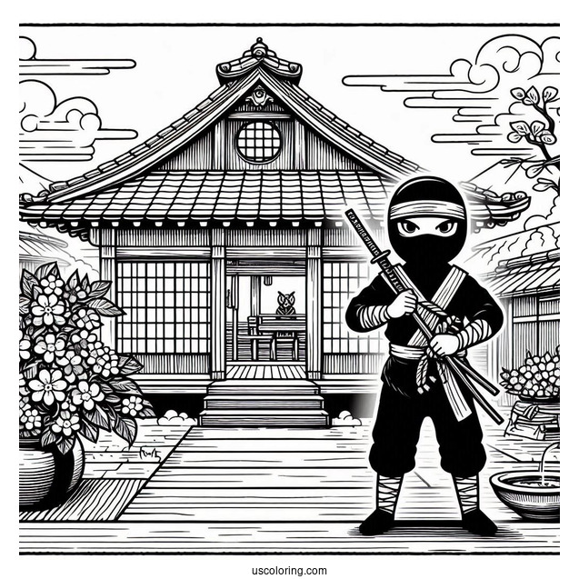 Ninja In An Old Japanese Village Coloring Sheet