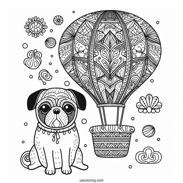 Pug Coloring Page in Patterned Hot Air Balloon for Kids