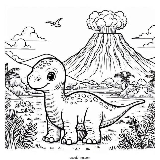 Little Apatosaurus With Volcano In The Background