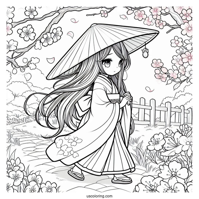 Nezuko Coloring Page Walking In Garden With Cherry Blossoms