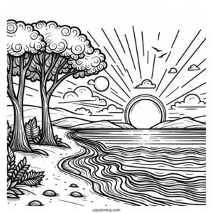 Easy Beach Coloring Page Shore With Trees