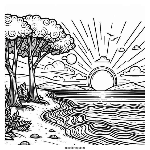 Easy Beach Coloring Page Shore With Trees