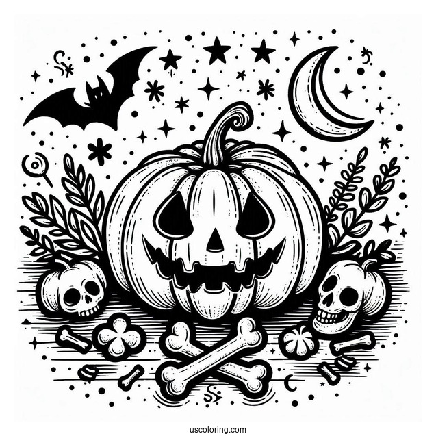 Pumpkin Coloring Page With Happy Halloween In Bones To Color