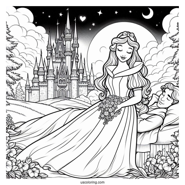 Sleeping Beauty Coloring Page Of Snow White And Aurora Outside A Castle